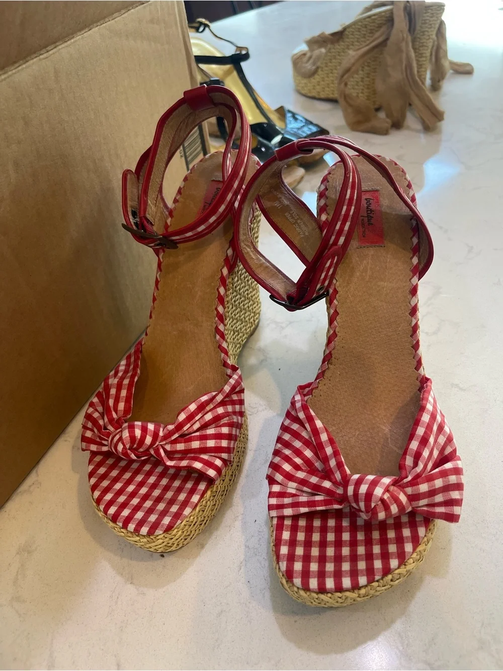 Red Gingham Ankle-Strap Wedge Sandals with Knot Accent